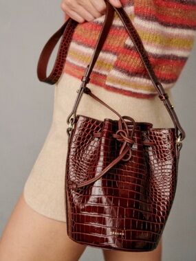 Sezane Burgundy Croc-Embossed Drawstring Shoulder Bag